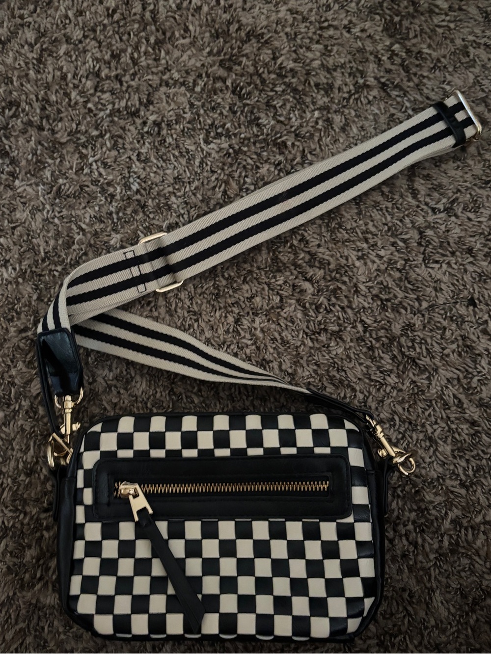 Universal Thread Black & White Check Crossbody Shoulder Bag with Striped Strap